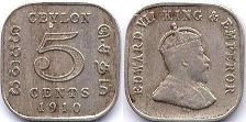 монета Цейлон 5 центов 1910
