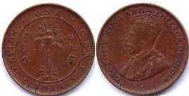 монета Цейлон 1 цент 1914