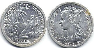 монета Коморские Острова 2 франка 1964