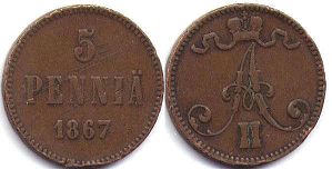монета Финляндия 5 1 пенни 1867