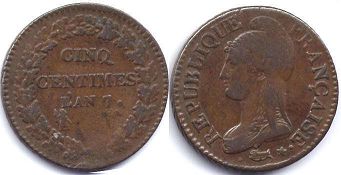 монета Франция 5 сантимов 1798