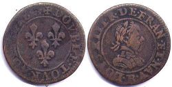 монета Франция двойной денье 1618