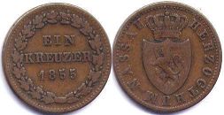 монета Нассау 1 крейцер 1855