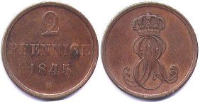 монета Ганновер 2 пфеннига 1845