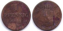монета Саксония 1 пфенниг 1849