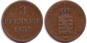 монета Саксония 3 пфеннига 1837