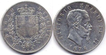 монета Италия 5 лир 1876