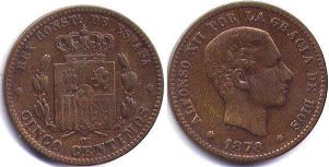 монета Испания 5 сентимо 1878