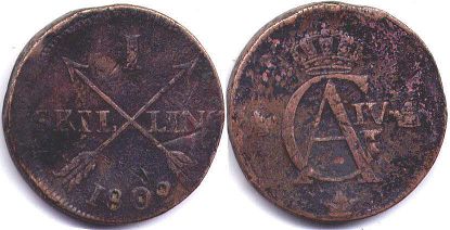 монета Швеция 1 скиллинг 1802