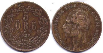 монета Швеция 5 эре 1858