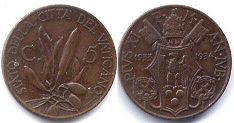 монета Ватикан 5 чентезими 1933-34