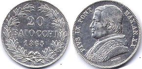 монета Папская область 20 байоччи 1865