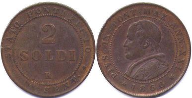 монета Папская область 2 сольди 1866