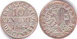 монета Женева 10 сантимов 1844