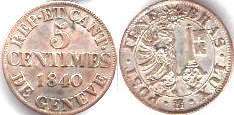 монета Женева 5 сантимов 1840