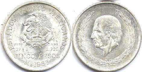 монета Мексика 5 песо 1953