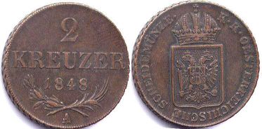 монета Австрийская Империя 2 крейцера 1848
