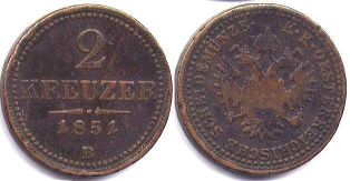 монета Австрийская Империя 2 крейцера 1851