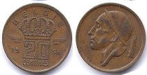 монета Бельгия 20 сантимов 1954