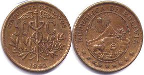 монета Боливия 50 сентаво 1942