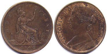 монета Великобритания 1 пенни 1862