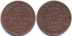 монета Пруссия 2 пфеннига 1853