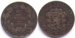 монета Люксембург 2,5 сантима 1854