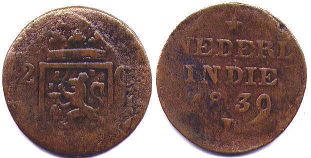 монета Суматра 2 цента 1839