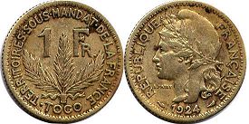 монета Того 1 франк 1924