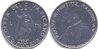 монета Ватикан 100 лир 1967