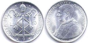 монета Ватикан 10 лир 1967