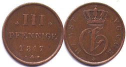 монета Мекленбург-Штрелиц 3 пфеннига 1847