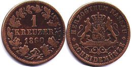 монета Нассау 1 крейцер 1860