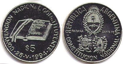 монета Аргентина 5 песо 1994