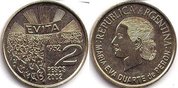 монета Аргентина 2 песо 2002
