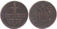 монета Австрийская Империя 1/2 крейцера 1851
