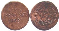 монета Росток 3 пфеннига 1862