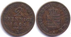 монета Саксен-Веймар-Эйзенах 2 пфеннига 1865