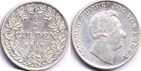 монета Баден 1/2 гульдена 1847