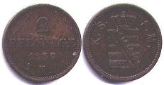 монета Саксония 2 пфеннига 1859