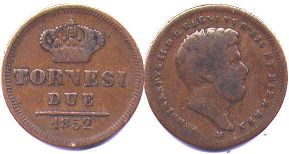 монета Неаполь 2 торнези 1852