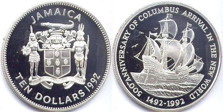 монета Ямайка 10 долларов 1992