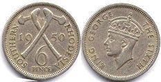 монета Родезия 6 пенсов 1950
