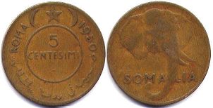 монета Сомали 5 сентесими 1950