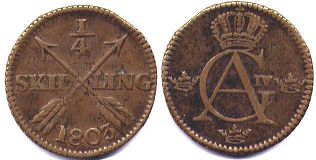 монета Швеция 1/4 скиллинга 1803