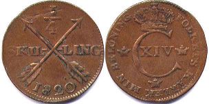 монета Швеция 1/4 скиллинга 1820