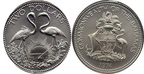 монета Багамы 2 доллара 1974