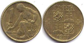 монета Чехословакия 1 крона 1991