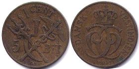 монета Датская Вест-Индия 1 цент 1905