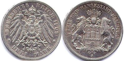 монета Гамбург 3 марки 1909